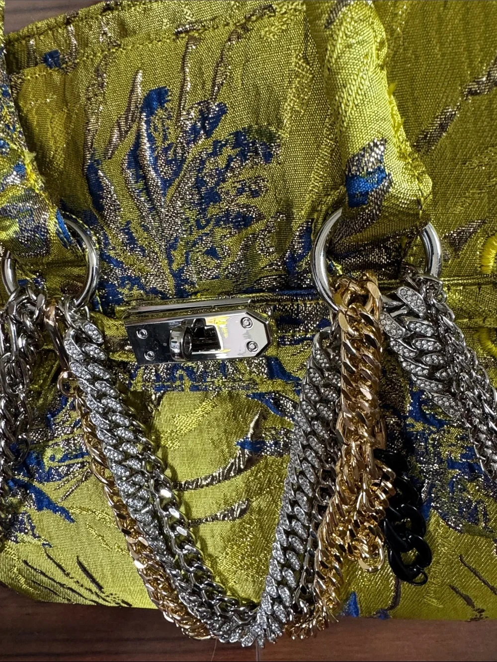 Akira lime green and blue  Floral Brocade Spike Chain Handbag - Picture 3 of 6